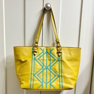 Kate Landry Yellow Tote Bag Blue Geometric Embroidered Shoulder Purse Large Boho